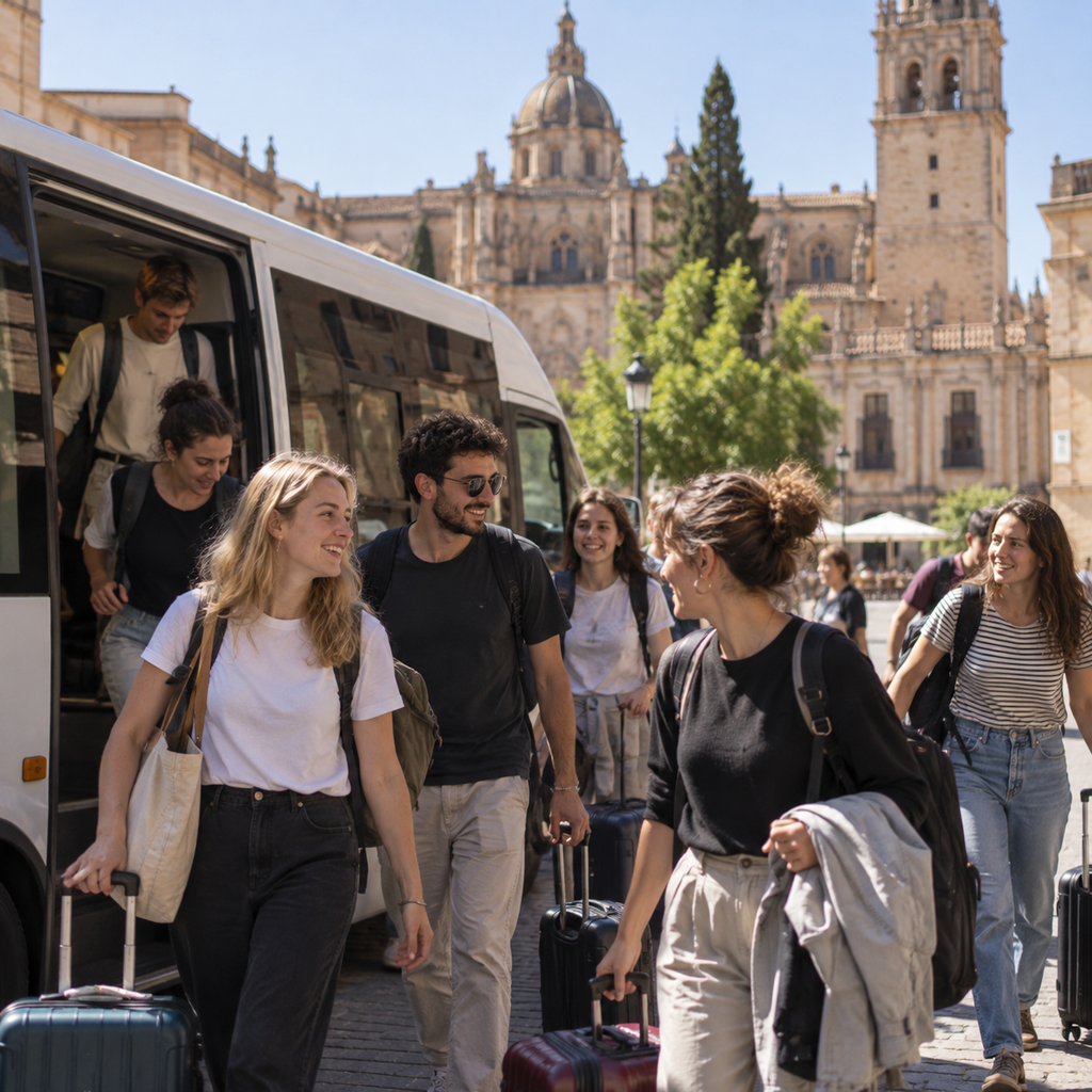 Grupo internacional participando en programas Erasmus+ en España y llegando a una ciudad histórica